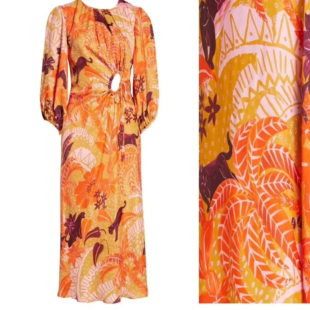 FARM RIO NWT Jungle Panther Print Cinch Keyhole Puff Sleeve Midi Dress S - Picture 2 of 15